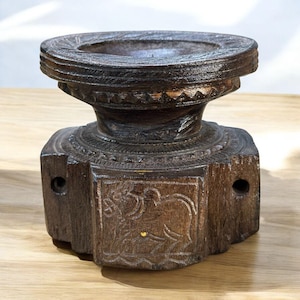 Vintage Wooden Candle Holder with Nandi Carving | 70–80 Years Old | Teak Wood | Hand-Carved | Rustic Indian Decor | 5x5x4.5 in