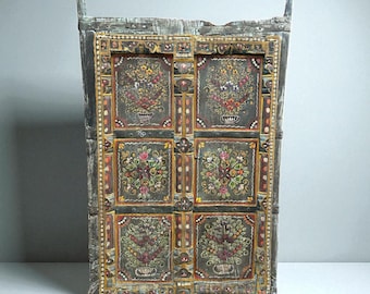Vintage Floral Window Panel: Hand-Painted Teak Wood Indian Folk Art