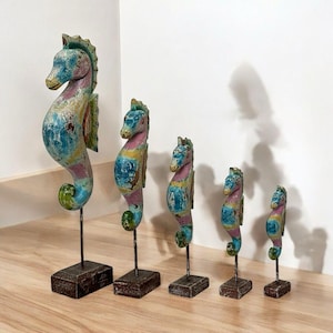Wooden Seahorse Set of 5 | Distressed Nautical Decor | Rustic Ocean Theme | Coastal Animal Figurines on Stand | Beach House Shelf Decor