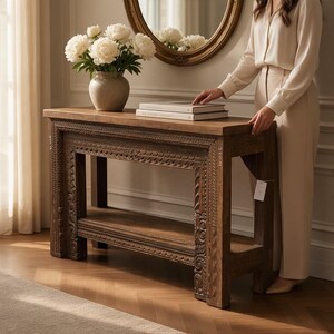 Antique Teak Wood Console Table, Reclaimed Indian Door Frame Console, Intricately Hand Carved Entryway Table, Vintage Architectural Console