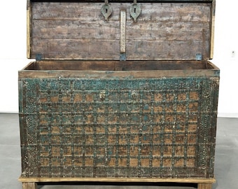Vintage Teak Trunk, Distressed Turquoise Blanket Chest, Coffee Table