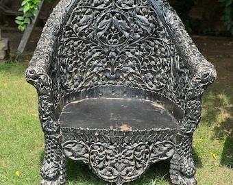 Vintage Hand Carved Indian Chair, Collector's Statement Piece