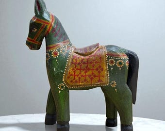 Vintage Hand-Painted Wooden Horse Statue, Indian Folk Art Decor