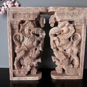 Made to Order Yali Pair | Hand-Carved Teak Wood Pillar Brackets | South Indian Temple Style Wall Decor | Ornate Mythical Lion Panel
