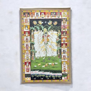 Handmade lord Krishna Pichwai Painting with frame, pichwai painting, miniature god Indian painting, Indian furniture and decor, pichwai art