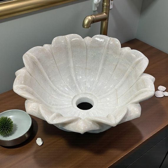 Hand Carved White Marble Floral Wash Basin | Handmade Stone Sink