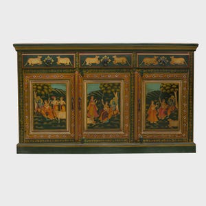 Hand-Painted Krishna Sideboard | Pichwai Art Cabinet | 3 Drawer 3 Door Wooden Sideboard | Indian Painted Credenza, Indian Hand Painted