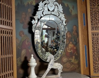 Antique Venetian Mirror, Hand-Etched Floral Cobalt Blue Glass, 1960s