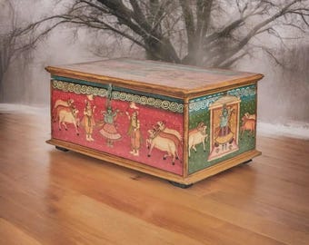 Antique Trunk Box, Painted Coffee Table, Hand-Painted Krishna Trunk Chest | Mango Wood Storage Box | Indian God Pichwai Art | Ethnic Chest