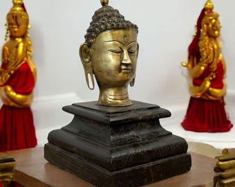 Escultura de cabeza de Buda de latón: Base de madera vintage, decoración espiritual