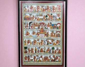 Poster Hanuman Chalisa, vintage teakhouten lijst, hindoemuurkunst