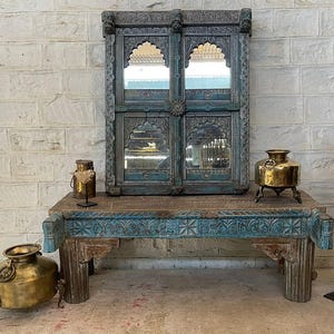 Vintage Teak Wood Console Table | Distressed Blue Carved Entryway Table | Antique Indian low table, Carved antique console table for entry