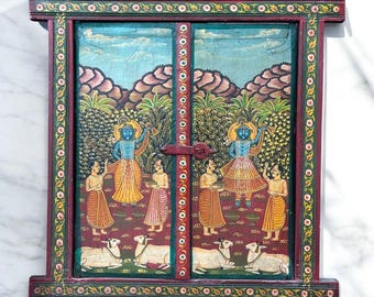 Antique Hand Painted Krishna Window, Vintage Teak Pichwai Panel
