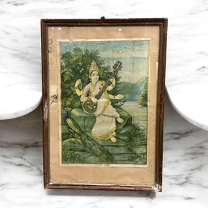 Original Raja Ravi Varma Saraswati Oleograph | Antique Indian Lithograph Print | Vintage Religious Art | Collectible Goddess Lithograph