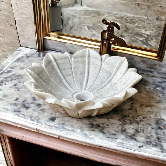 Hand Carved White Marble Vessel Sink | Floral Bathroom Basin