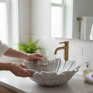 May include: A gray marble flower-shaped sink with a gold faucet. A person is holding a bar of soap over the sink. The bathroom has white tile and a mirror. A small green plant sits on the counter.