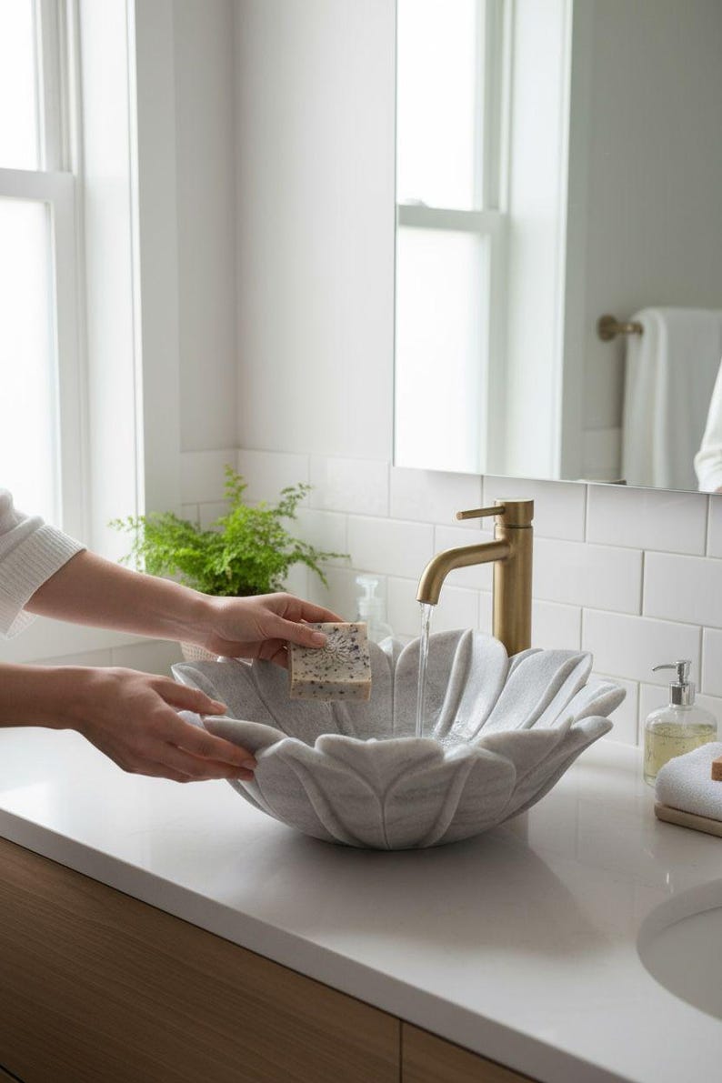 May include: A gray marble flower-shaped sink with a gold faucet. A person is holding a bar of soap over the sink. The bathroom has white tile and a mirror. A small green plant sits on the counter.