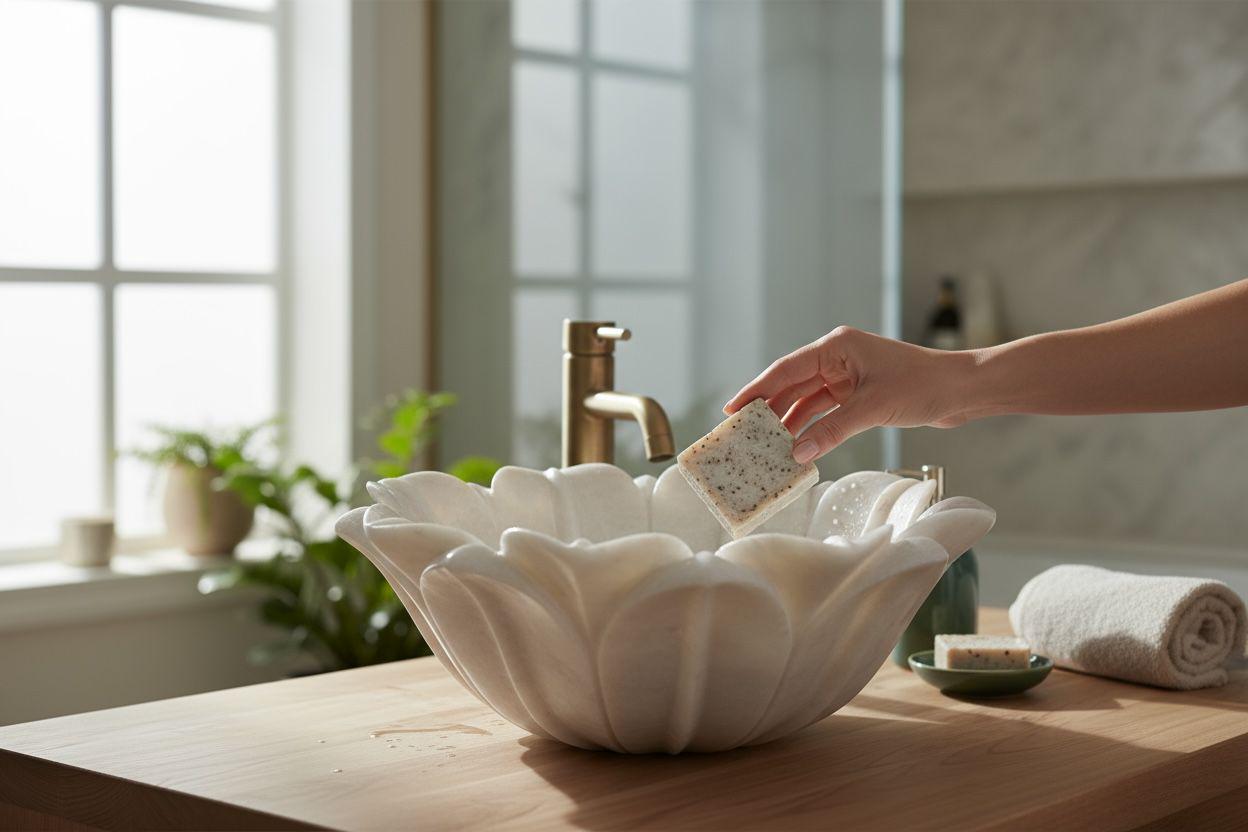 Hand Carved White Marble Floral Wash Basin | Handmade Stone Sink