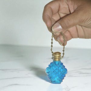 Vintage Victorian Blue Glass Chatelaine Perfume Bottle with Brass Cap and Chain, Antique Pocket Scent Bottle, Collectible Art Deco Style