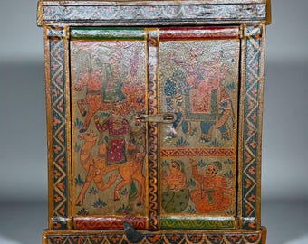 Vintage Hand Painted Indian Window Panel | Antique Teak Wood Folk Art with Elephants & Horses | Rustic Farmhouse Wall Decor | One of a Kind