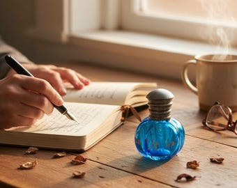 May include: A blue glass inkwell with a gray stopper sits on a wooden desk next to a notebook and pen. A person is writing in the notebook. A mug of coffee and eyeglasses are also on the desk. The scene is lit by natural light.