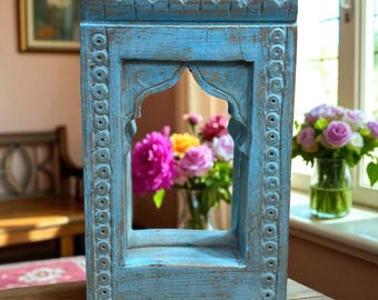Antique Temple Mirror | Jharokha Mirror | Blue Wooden Wall Indian Vintage Decor, Antique Temple Frames with Traditional Indian Carving