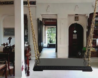 Carved Teak Wood Jhula Swing with Brass Chain: Indian Style Love Chair