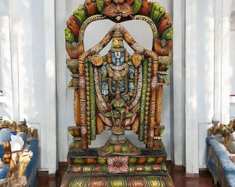 Vintage Hand Carved Wooden Lord Venkateshwara Temple Panel, Indian God Statue, Vintage Temple Sculpture