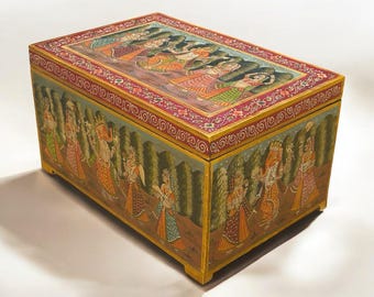 Vintage Hand Painted Indian Trunk, Rasleela Art, Dowry Box