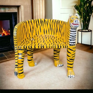Handgemaakte houten tijgerstoel, Maharadja-tijgerstoel, Cougar-stoel, Indiase stoel met accent in de vorm van een dier, Dierenstoel