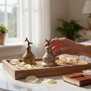 May include: Two antique perfume bottles with bird-shaped stoppers sit on a wooden tray. One is gold-toned, the other silver. The tray also holds faux pearls, a leather-bound journal, and a feather. The scene is set on a white table.