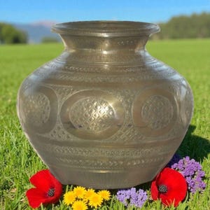 Vintage Brass Water Pot | 50–60 Years Old | Handcrafted with Inlay Circle Engraving | Antique Indian Brass Vessel | Indian Brass Collectible