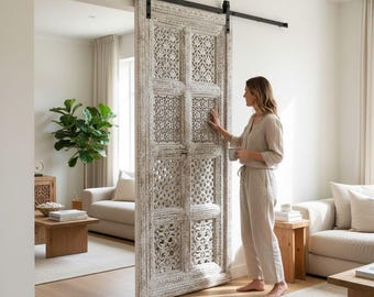 Whitewashed Carved Wooden Door: Vintage Style Hinged or Sliding Barn Door, 80x38 inches