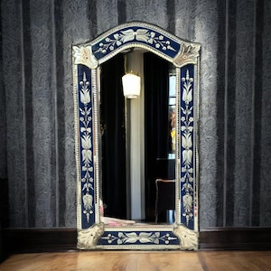 Large venetian art deco mirror from the 1960s, long venetian mirror, art piece, bathroom mirror, occasional furniture , french piece