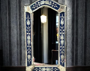 Large venetian art deco mirror from the 1960s, long venetian mirror, art piece, bathroom mirror, occasional furniture , french piece