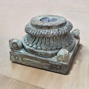 Ornate architectural salvage wood riser pedestal base , Vintage wooden capital candleholder, distressed wooden candle holder, architectural
