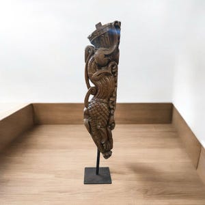 Vintage Wooden Yali Statue on Stand | 100+ Years Old | Teak Temple Bracket | Hand-Carved Guardian Sculpture | 32&quot; Tall Architectural Art