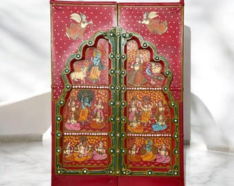 Decoración de pared india vintage de madera pintada a mano para ventana, panel de ventana con temática de dios indio, decoración de pared estilo templo, ventana antigua