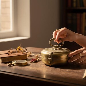 May include: A vintage brass container with a handle, next to a closed leather-bound book, eyeglasses, and a pocket watch. The scene is set on a wooden surface, with a window and a bookshelf in the background.