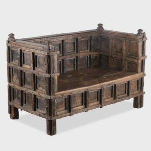 Vintage Carved Teak Wood Love Seat Sofa with Storage | 85-Year-Old Antique Distressed Bench | Brass & Iron Accents