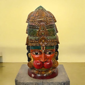 Hand-Carved Lord Hanuman Wooden Sculpture statue, Indian God Folk Art Statue, Indian temple decor Bhagwan God Idol, Indian Hanuman Deity