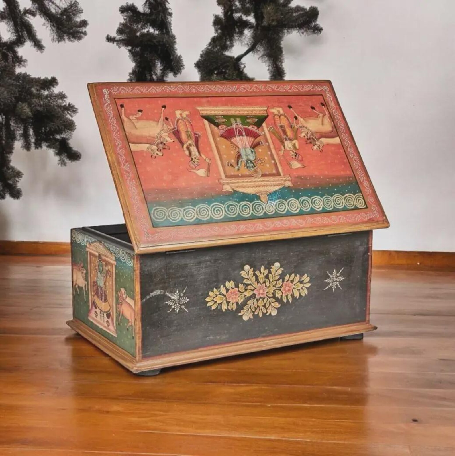 Hand-painted Krishna Mango Wood Trunk, Indian Pichwai Art, Ethnic ...