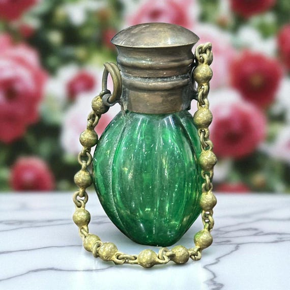 Vintage Green Glass Perfume Bottle, Brass Cap & Chain, Art Deco