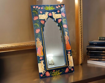 Pichwai Mirror Frame – Hand Painted Wooden Wall Mirror | 9x18&quot; Traditional Indian Art | Colorful Ethnic Home Decor