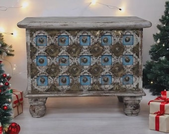 Baúl de almacenamiento de madera tallado a mano, mesa de centro blanca, arcón para mantas