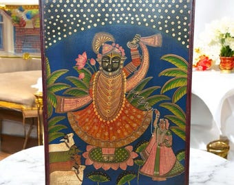 Hand Painted Krishna Pichwai Art | Indian Wooden Panel (16 x 24 Inches)