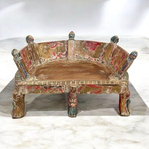 Vintage Wooden Pooja Chowki, Handcrafted Vintage Indian Altar Table with Backrest, Antique indian low stool, Indian Bhagwan stool, Puja room