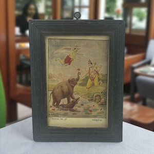 Vintage Indian Lithograph Print Gajendra Moksha, Original Indian Oleograph, Rare Litho Print Painting, Rare Hindu Ramayana Wall Art