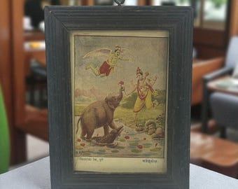 Lithographie Gajendra Moksha encadrée vintage, art mural hindou Ramayana