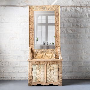 Tocador vintage de madera con espejo ornamentado y cajones, tocador de madera maciza tallada a mano.